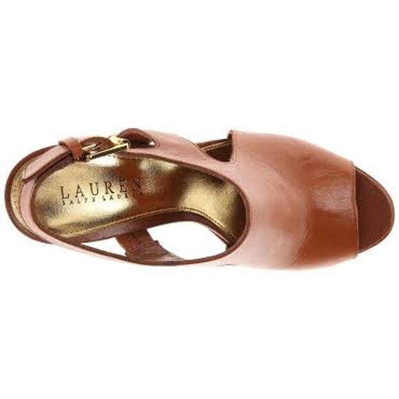 Lauren Ralph Lauren Synthia Cognac Leather Platform Slingback Sandals 10 - Picture 6 of 15